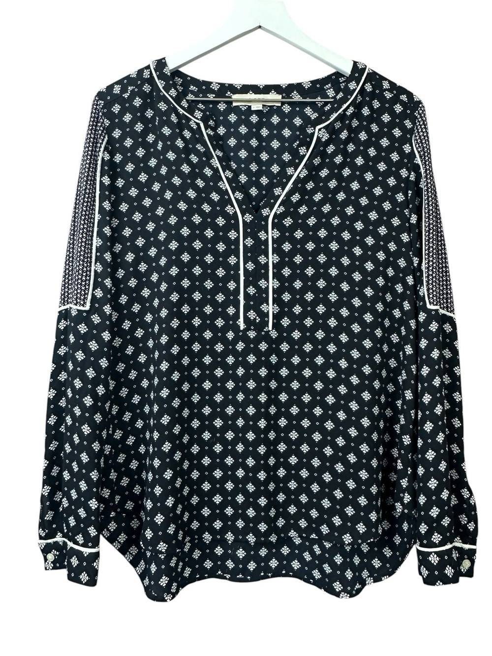 Loft Black White Print Blouse Women Sz M